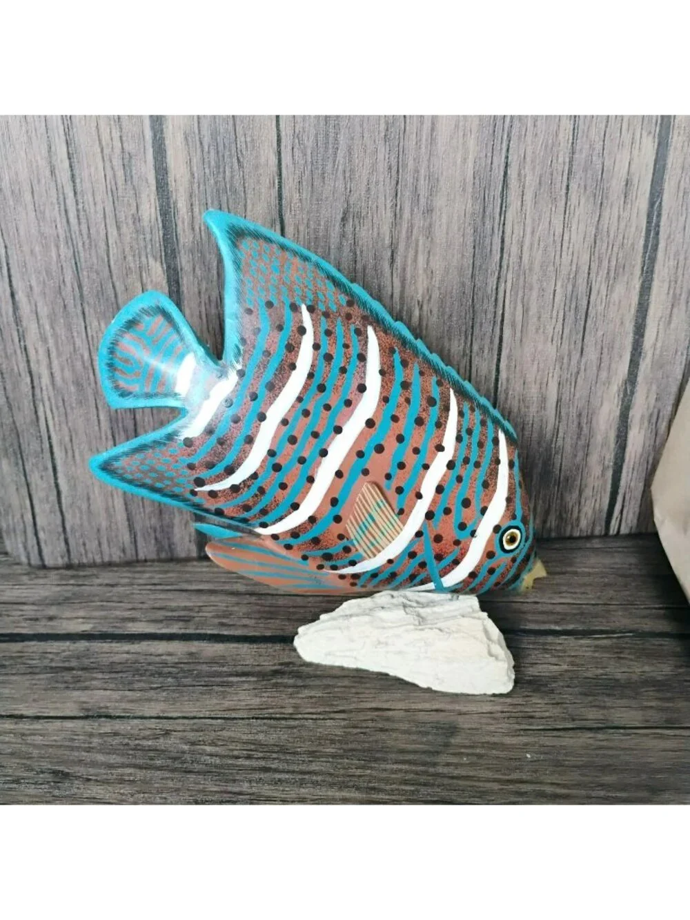 Hand-Painted Wooden Tropical Fish Figurine Blue Orange Stripes On Natural Base